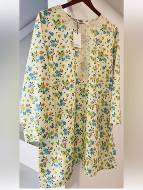 Sapphire Floral Embroidered Tunic - Cream with Blue & Lime Flowers.Size large .